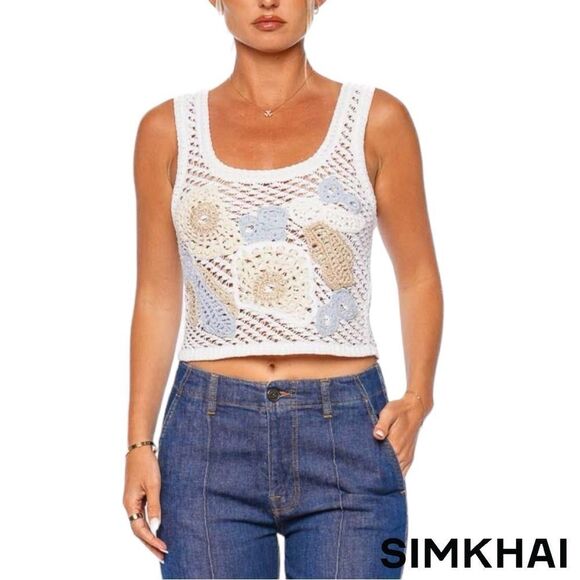SIMKHAI **NWT** Vail Floral Crochet-Knit Tank Top in Blue Haze - Picture 5 of 13